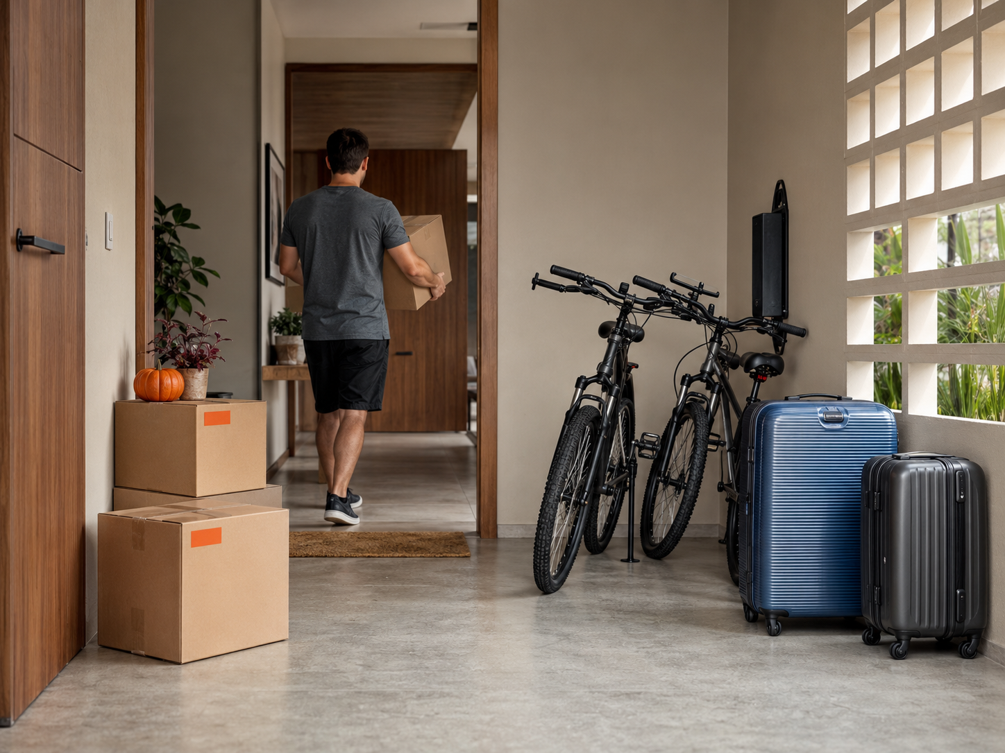 Bicicletas, malas e caixas organizadas na entrada de uma residência